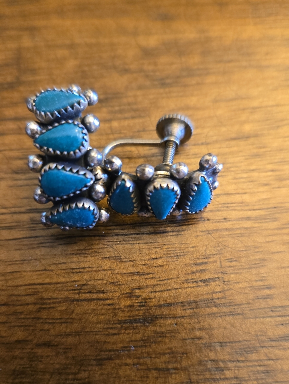 Vintage Zuni Sterling Silver Turquoise Teardrop Cluster Screw-Back Earrings